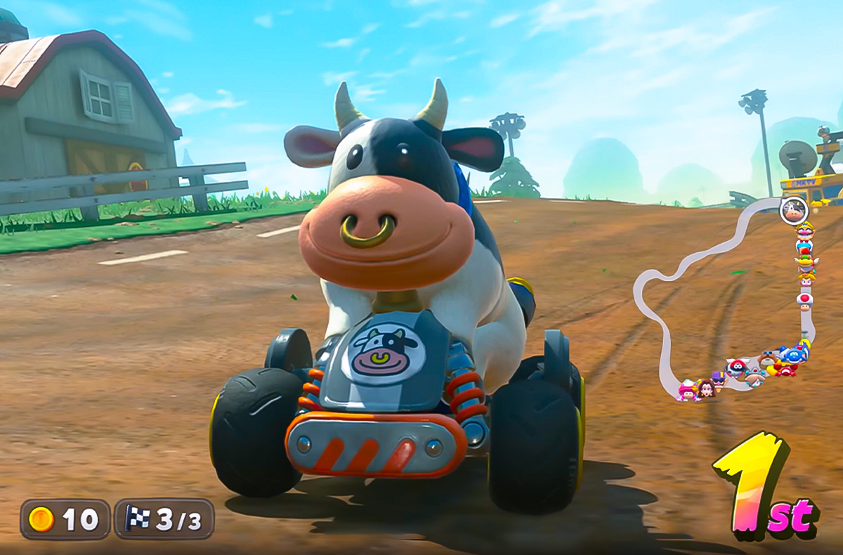 capture d'écran du jeu mario kart avec la vache Meuh Meuh en pleine course.
