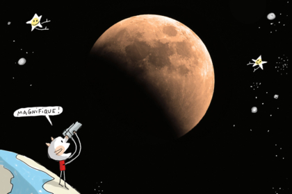 Image mélant photo et illustration. En illustration : un chat sur la Terre qui regarde en direction de la Lune en photo.