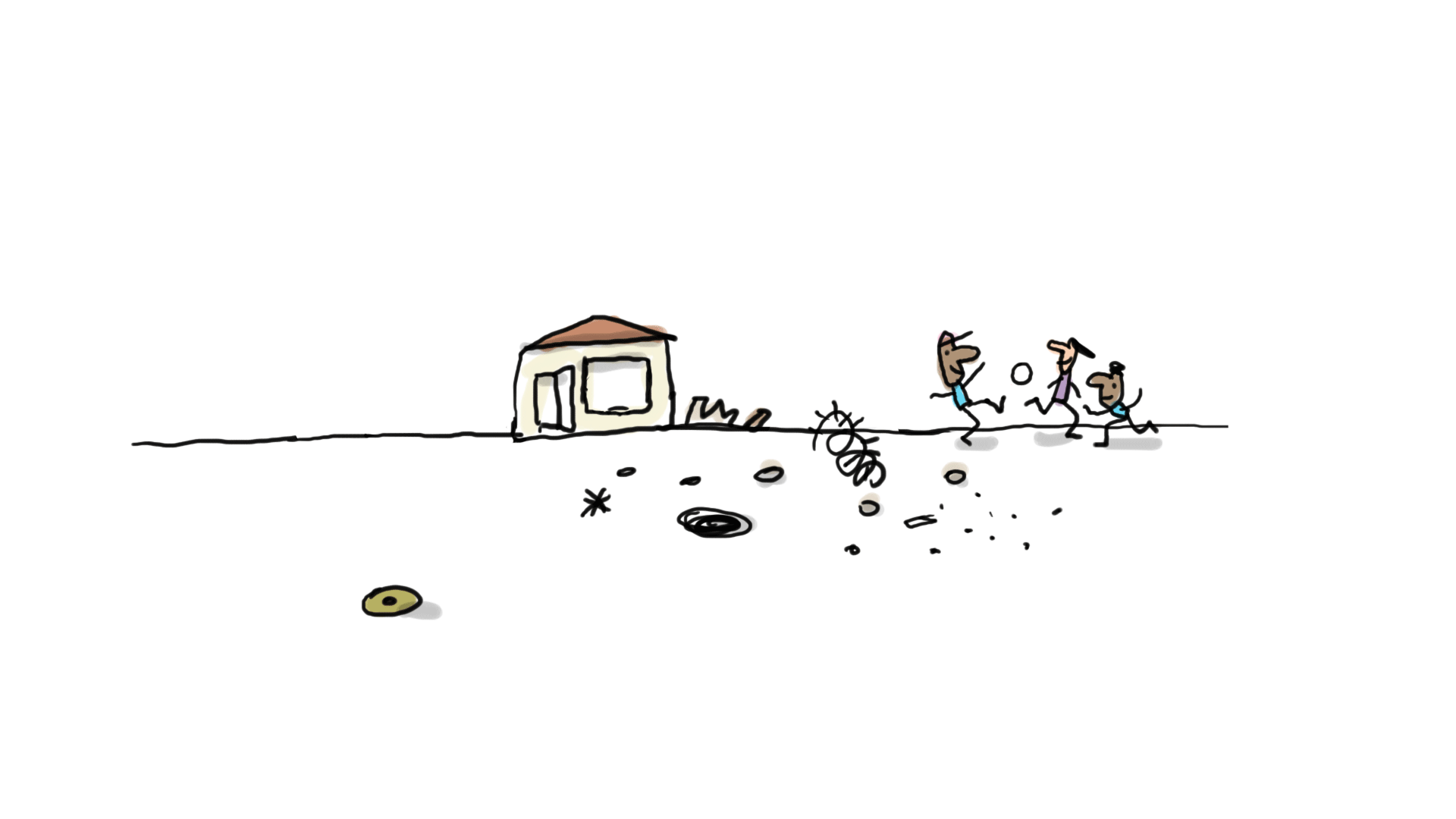gif illustré montrant des enfants jouant au ballon près d'une zone de guerre où se trouve enfouie une mine antipersonnel