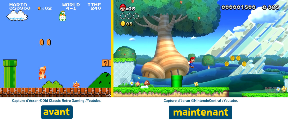 montage avec à gauche, une vision du 1er jeu Super Mario Bros. très pixelisé et à droite, une vision actuelle. 