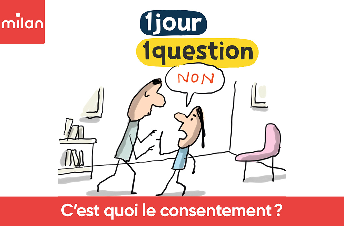 Illustration d'un enfant disant non à un adulte qui veut l'embrasser.