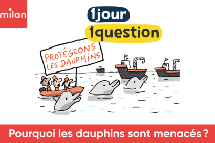 Illustration de dauphins regardant des gros bateaux. À leur côté, un petit bateau avec des défenseurs de l'environnement qui tiennent une pancarte "Protégeons les dauphins"