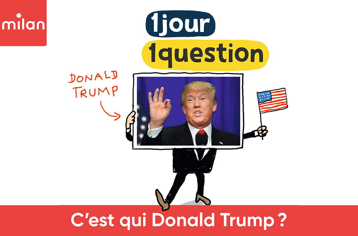 Photo de Donald Trump à la quelle a été rajouté un corps illustré dont une main tient un drapeau américain