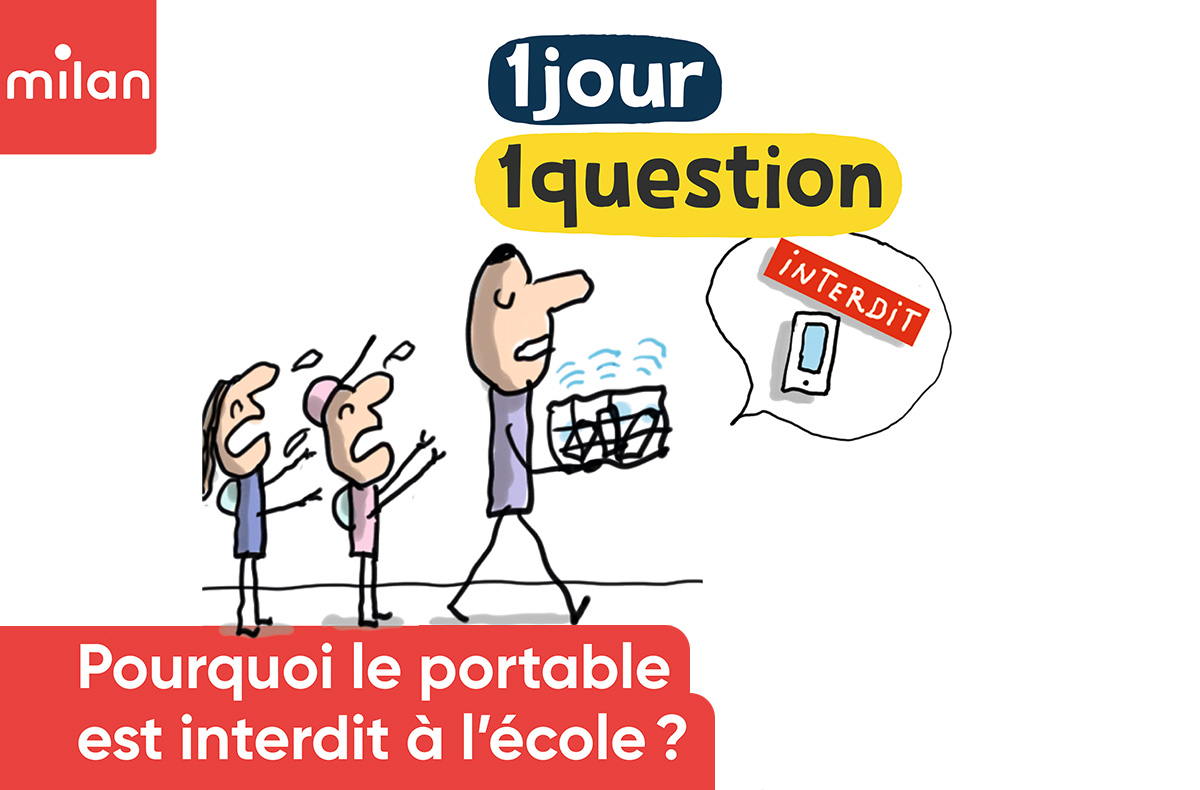 Illustration d'un adulte emportant des téléphones portables dans un panier, et suivi d'enfants en larmes d'avoir perdu leur précieux outil