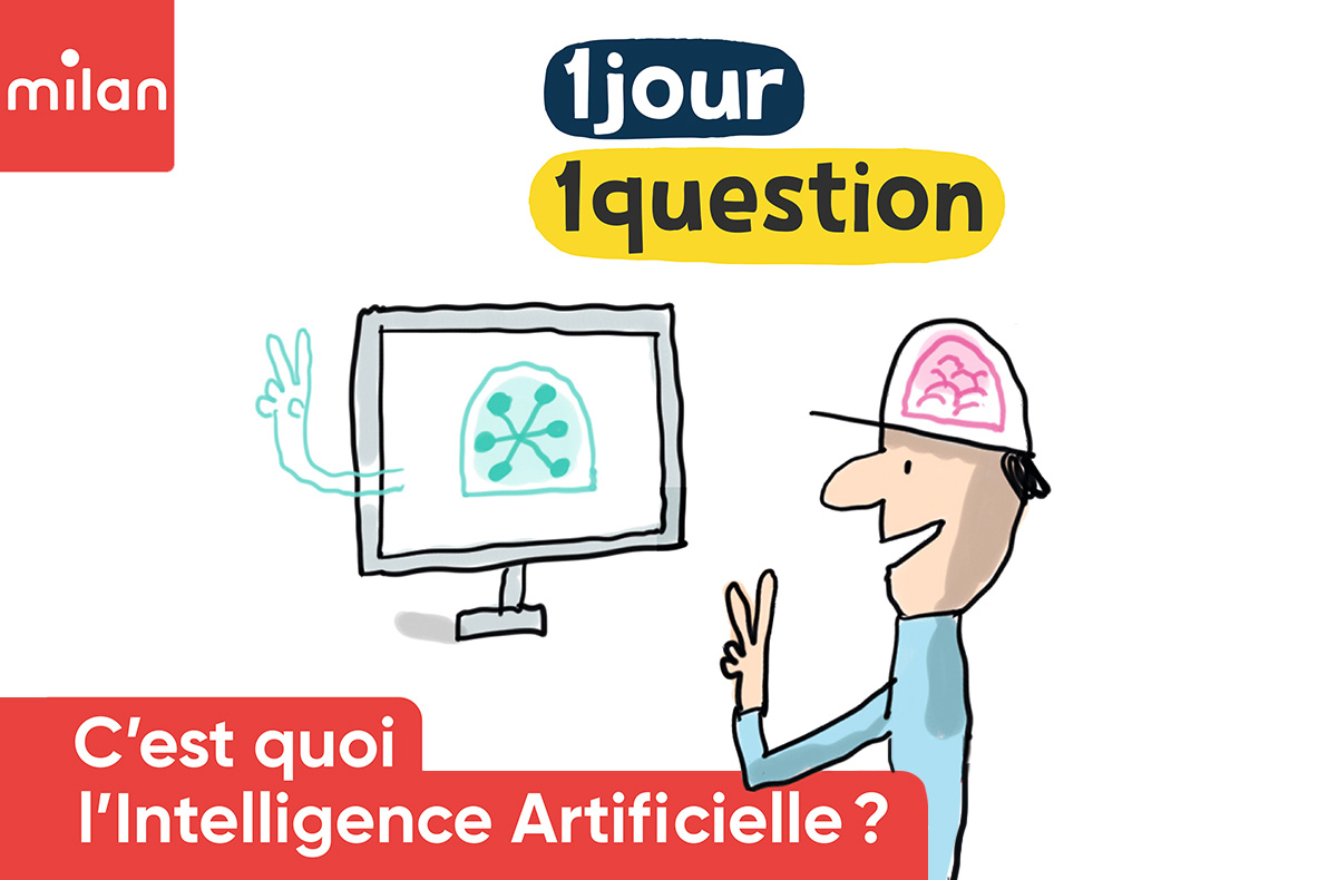 Illustration d'un enfant face à un ordinateur. Sur sa casquette, est dessiné un cerveau. Dans l'écran d'ordi est dessiné un cerveau.