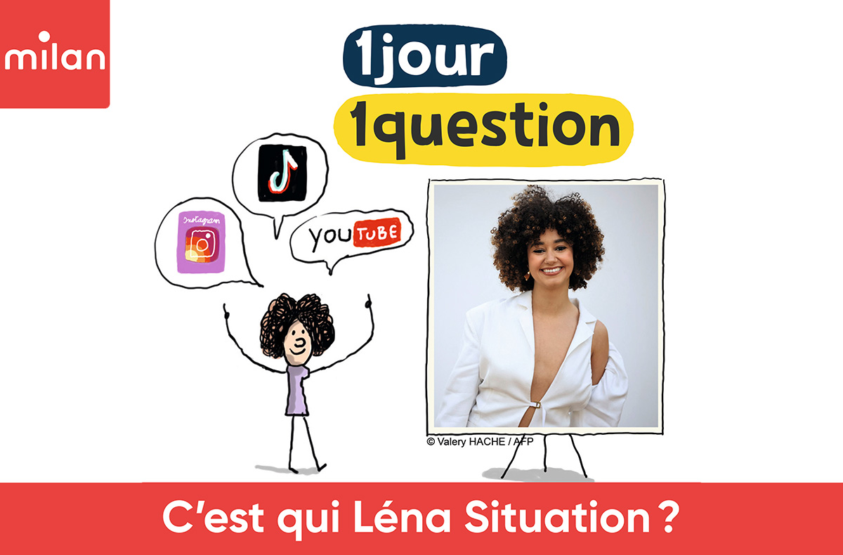 Illustation de Lena Situation avec les logos des réseaux sociaux sur lesquels elle poste du contenu + une photo d'elle dans un tableau