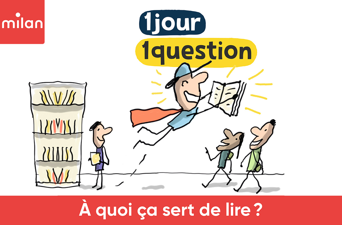Illustration d'un enfant déguisé en super héros qui vole dans une bibliothèque grâce au livre qu'il tient dans les mains.