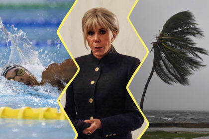 image construite à partir de 3 photos. À gauche : Sauveur Cristofini nageant le 23 octobre 2025 à Taverny. Au centre : Brigitte Macron. À droite : un palmier dans le vent de la tempête Melissa.