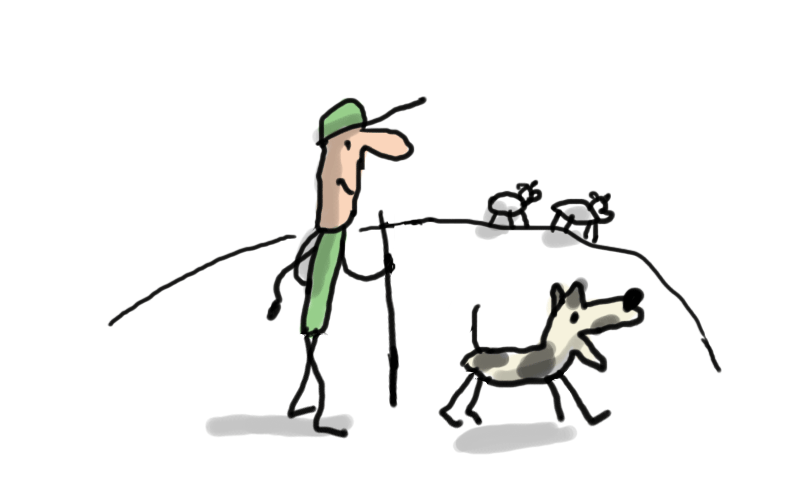 GIF d'un  homme qui se balade en montagne avec un chien