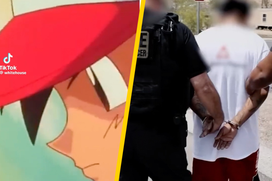 Visuel montrant à gauche Sacha, un dresseur de Pokemon, et à droite, une photo d'un immigré clandestin se faisant arrêté par la police américaine.