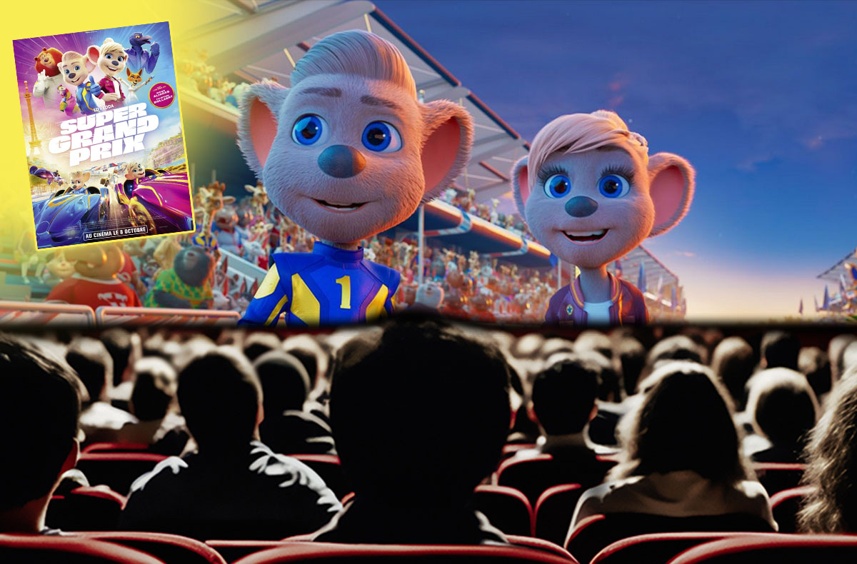 Salle de cinéma. Spectateurs assis. On les voit de dos. Sur l'écran, devant eux, une image du film "Super Grand Prix" : les 2 souris héroïnes du film. À gauche, incrustée dans l'image, on voit l'affiche du film.
