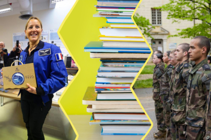 Image composée de 3 photos. À gauche : Sophie Adenot au CNES. Au centre : une pile de livres jeunesse. à droite : des jeunes en tenue de militaires.