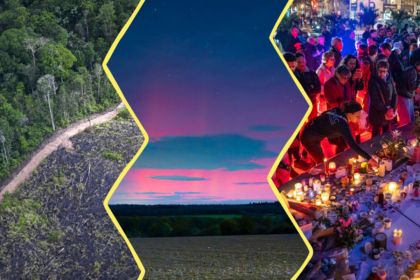 Image constituée de 3 photos. À gauche : une vue du ciel d'une partie de la forêt amazonienne. Au centre : une aurore boréale rose et bleue en Loire Atlantique. À droite, des personnes posant des bougies place de la République en hommage aux victimes des attentats du 13 novembre 2015.