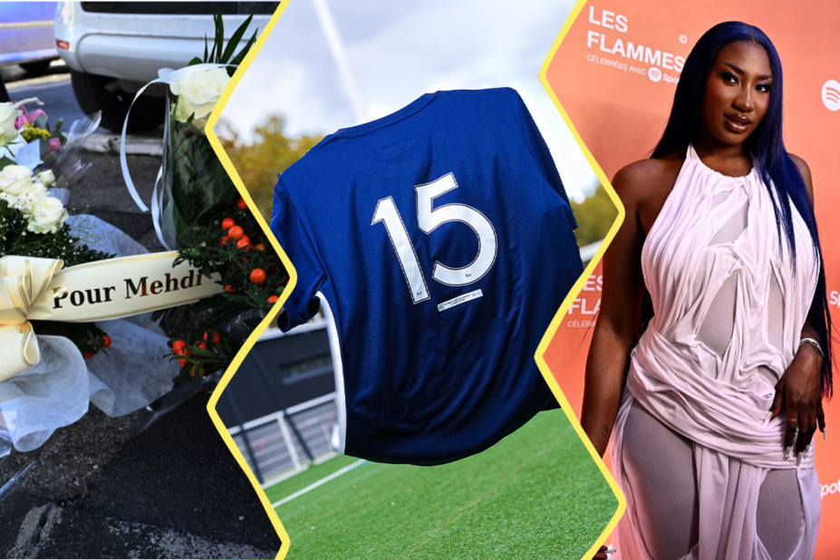 Image constituée de 3 photos. À gauche : des fleurs en hommage à Medhi Kessaci. Au centre: le maillot de foot pour lutter contre les violences faites aux enfants de l'association L'enfant Bleu. À droite : la chanteuse Aya Nakamura.