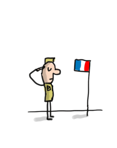 illustration d'un militaire au garde à vous devant un drapeau français