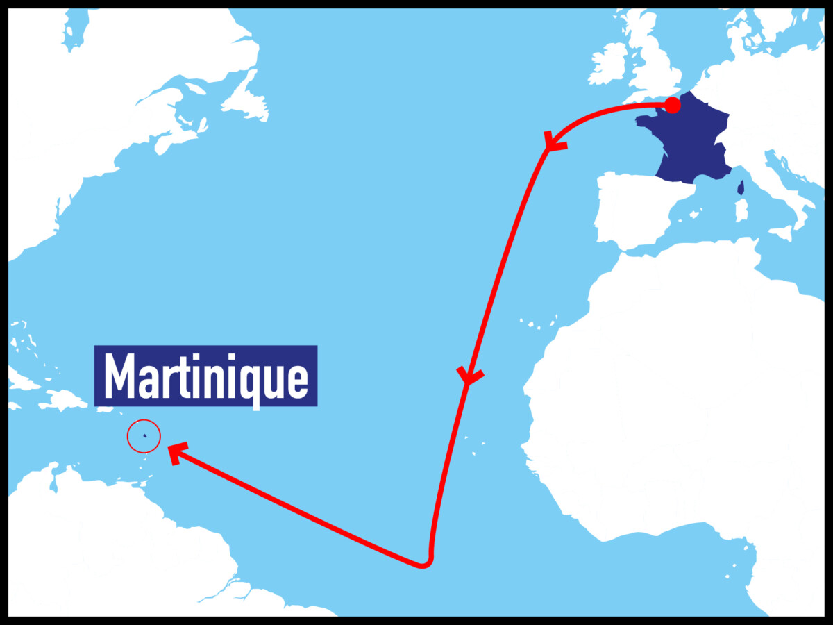 carte montrant le trajet depuis la Normandie jusqu'aux Antilles