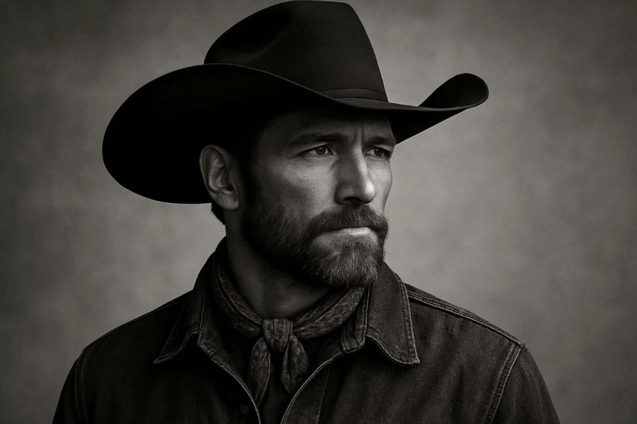 Une photo en noir et blanc, du visge deu chanteur Breaking Rust. Il a un chapeau de Cow Boy sur la tête, et l'air sombre. Cette photo a été créée avec une intelligence artificielle.