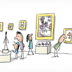 Des adultes et des enfants visitent un musée. Ils regardent des statues, des tableaux et des objets très anciens.