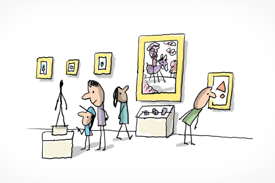 Des adultes et des enfants visitent un musée. Ils regardent des statues, des tableaux et des objets très anciens.