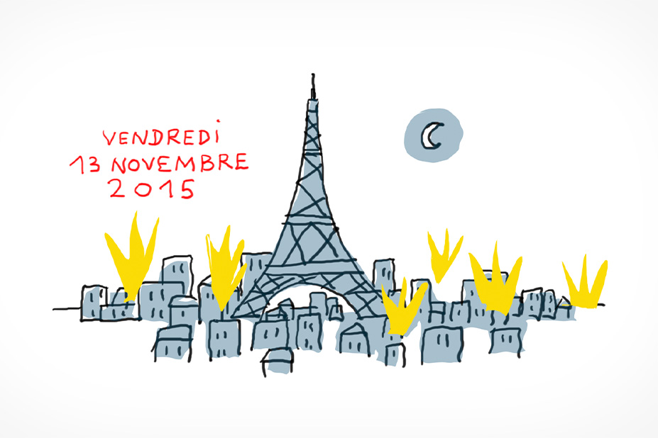 La ville de Paris que l'on reconnaît grâce à la Tour Eiffel est plongée dans le noir. Des explosions apparaissent dans certains bâtiments.