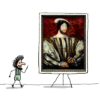 Un tableau du roi François 1er est montré par un petit personnage dessiné qui représente lui aussi le roi de France.