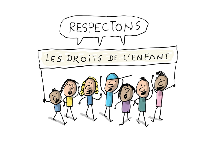 Un groupe d'enfants porte une banderole sur laquelle il est inscrit : "Les droits de l'enfant". Tous ensemble ils crient "respectons".
