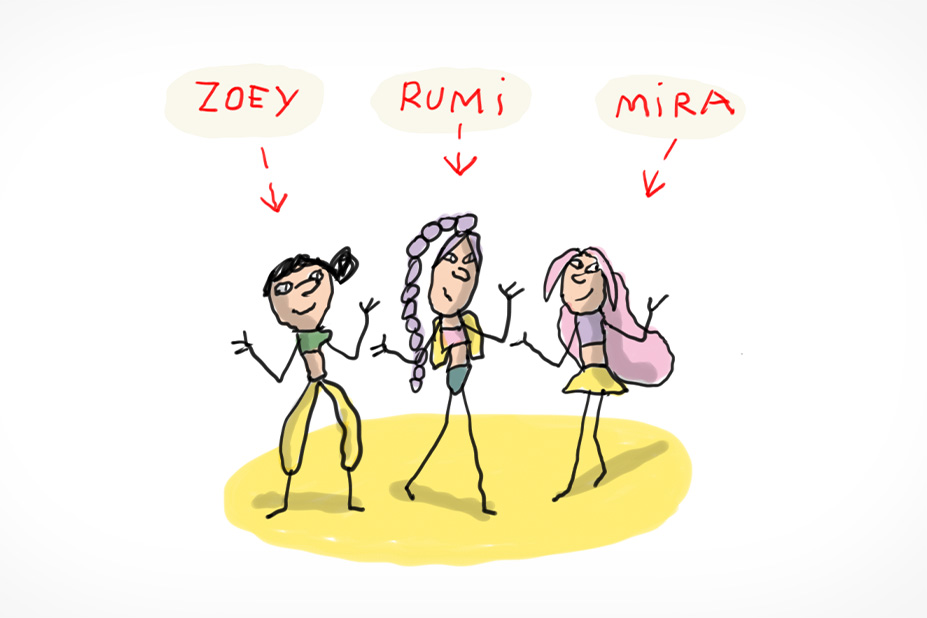 Zoey, Rumi et Mira de Kpop Demon Hunters.