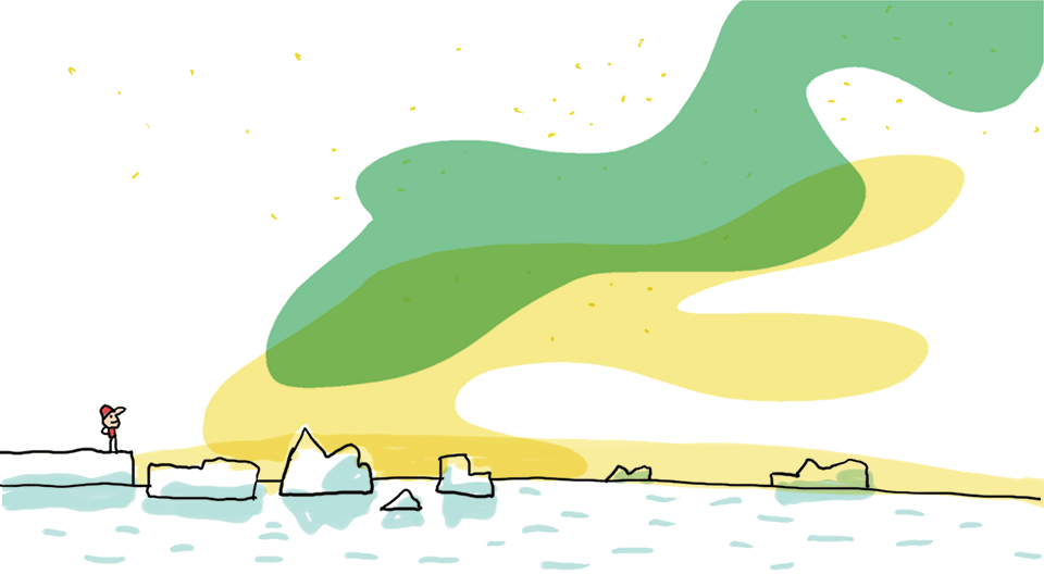 Gif d'une illustration montrant une aurore boréale verte et jaune au dessus de la banquise.