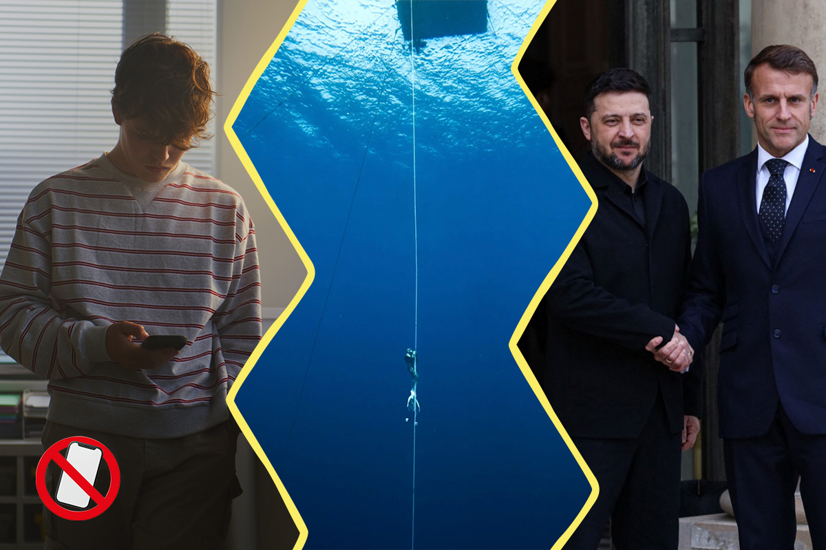 Image constituée de 3 photos. À gauche : un ado regardant son téléphone. Au centre : une photo de l'apnéiste descendant sous l'eau le long de sa ligne. À droite : Volodymyr Zelensky et Emmanuel Macron se serrant la main.