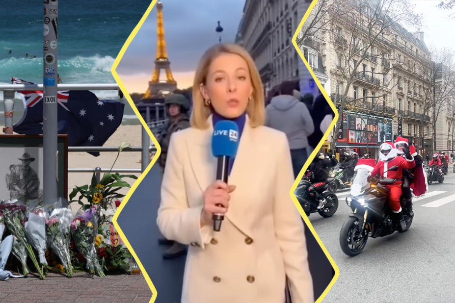 Image constituée de 3 photos. À gauche : des fleurs et un drapeau australien sur la plage où a eu lieu l'attentat. Au centre : une capture d'écran de la fausse vidéo faite avec IA montrant une journaliste devant la tour Eiffel. À droite : deux personnes déguisée en père Noël sur une moto dans une rue de Paris.