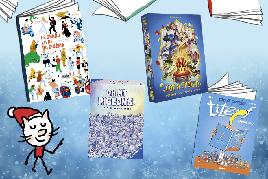 Quatre livres et jeux illustrés sur le thème du cinéma, des animaux, des pigeons et du personnage Titeuf sont présentés dans un décor hivernal festif.