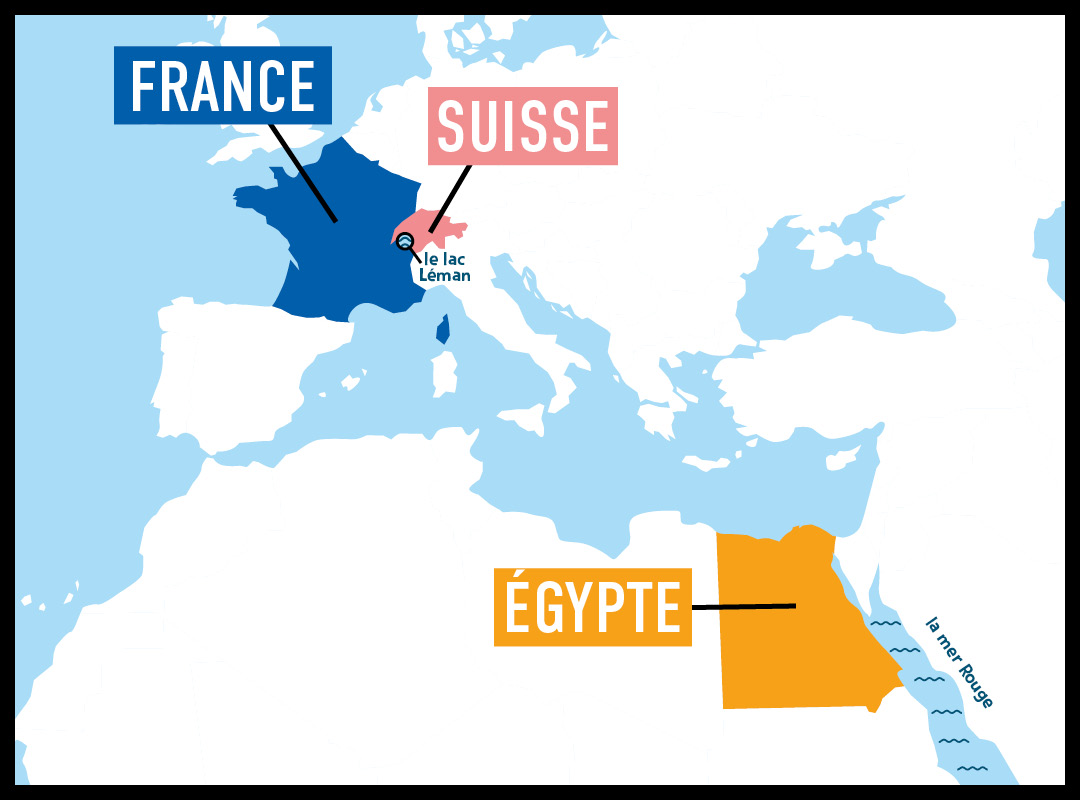 Carte représentant la France, la Suisse et le lac Léman ainsi qu el'Égyoter et la mer Rouge.