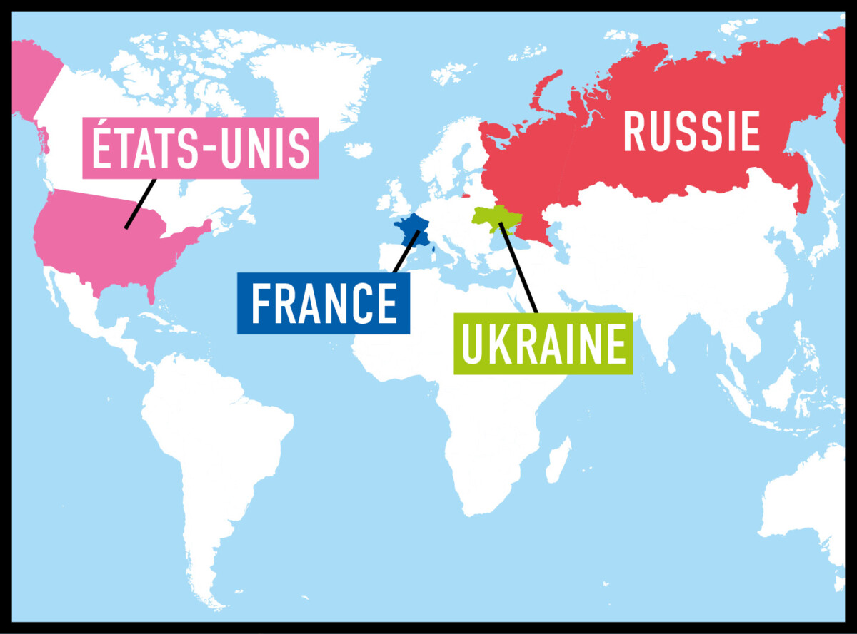 Carte positionnant la France, l'Ukraine, la Russie et les États-Unis