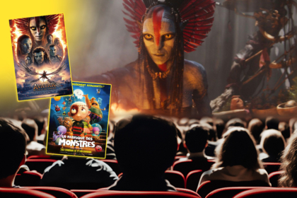 Une salle de cinéma, avec à l'écran une image du film Avatar.