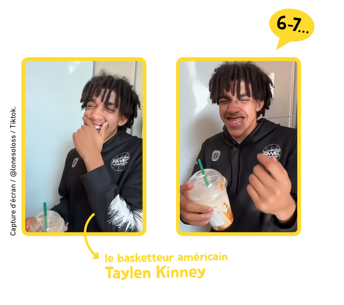 2 photos du basketteur américain Taylen Kinney avec son café glacé à la main et rigolant au 6-7