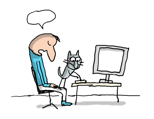 Illustration animée montrant un homme endormi devant son ordinateur alors que son chat est en train de taper des fake news sur le clavier.