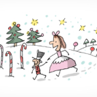 Une petite fille tient la main à un petit personnage étonnant, Cass-Noisette. Ils se promènent dans un paysage enneigé, avec des sapins décorés, des cannes à sucre et des bonbons géants et un ciel étoilé. C'est une des parties de l'histoire de Casse-Noisette.