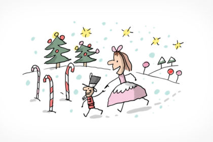 Une petite fille tient la main à un petit personnage étonnant, Cass-Noisette. Ils se promènent dans un paysage enneigé, avec des sapins décorés, des cannes à sucre et des bonbons géants et un ciel étoilé. C'est une des parties de l'histoire de Casse-Noisette.