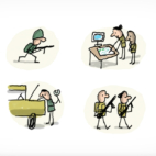 On voit plusieurs situations dans lesquelles les militaires travaillents : sur le terrain, avec une arme / dans un bureau en train d'étudier des plans / en train de réparer un véhicule / en train de patrouiller dans les rues pour veiller à la sécurité.