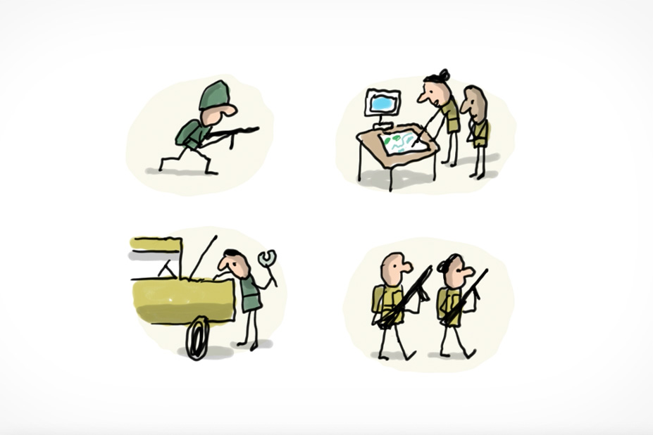 On voit plusieurs situations dans lesquelles les militaires travaillents : sur le terrain, avec une arme / dans un bureau en train d'étudier des plans / en train de réparer un véhicule / en train de patrouiller dans les rues pour veiller à la sécurité.