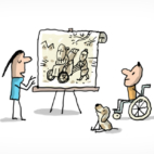 Une personne montre à un enfant en fauteuil roulant (et à son chien) une vieille peinture japonaise d'une personne en fauteuil roulant il y a très longtemps.