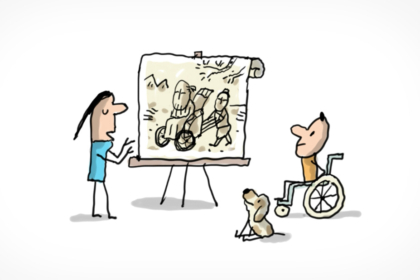 Une personne montre à un enfant en fauteuil roulant (et à son chien) une vieille peinture japonaise d'une personne en fauteuil roulant il y a très longtemps.