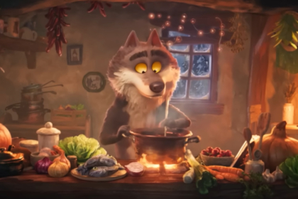 Dans sa maison en bois, le loup remue le contenu d'une marmite. Sur la table, divers légumes sont posés : des choux, des carottes, des oignons, des potiron, mais aussi des poissons. La scène est éclairée par des couleurs chaudes. Ambiance feu de bois.