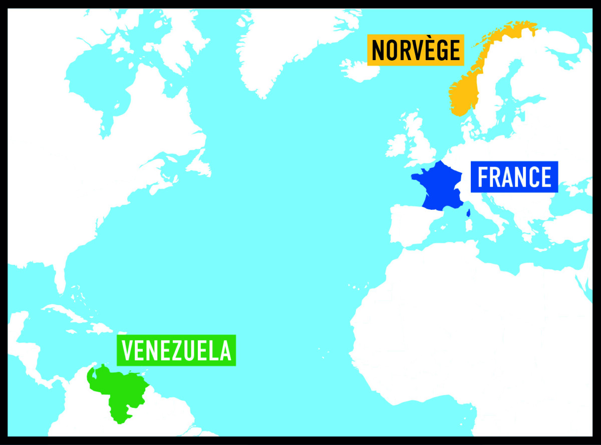 carte montrant le Vénézuela, la Norvège et la France