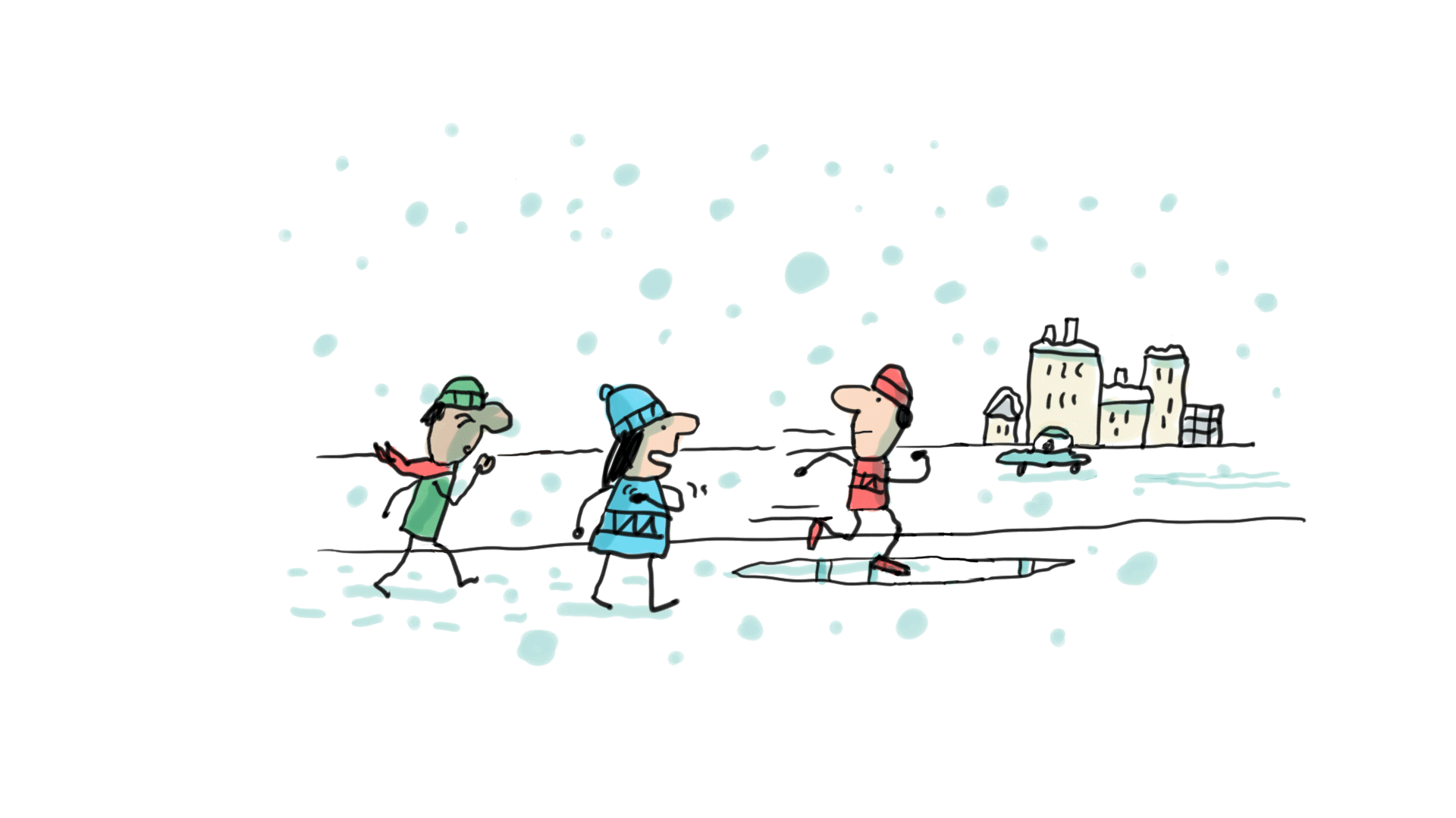 gif illustré montrant des enfants avançant sous la neige dans une ville