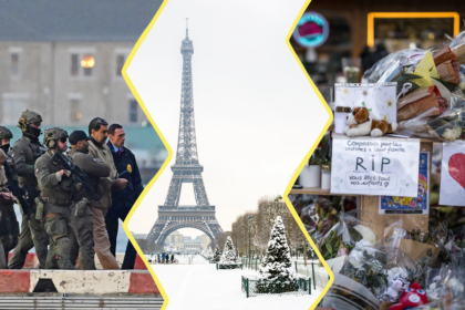 Image réalisée à partir de trois photos. À gauche : Nicolas Maduro entouré de militaires et de policiers sur un héliport de New-York. Au centre : la Tour Eiffel sous la neige. À droite : des messages et des fleurs laissées en hommage des victimes de l'incendie de Crans Montana.