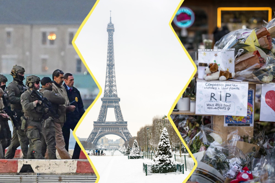 Image réalisée à partir de trois photos. À gauche : Nicolas Maduro entouré de militaires et de policiers sur un héliport de New-York. Au centre : la Tour Eiffel sous la neige. À droite : des messages et des fleurs laissées en hommage des victimes de l'incendie de Crans Montana.