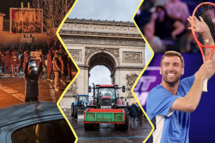 Image constituée de 3 photos. À gauche : une manifestation en Iran. Au centre : un camion devant l'Arc de Triomphe. À droite : le gagnant au tournoi "One point slam"
