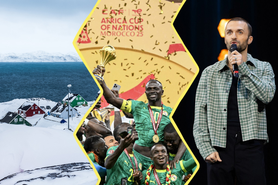 Image constituée de 3 photos. À gauche : un paysage groenlandais avec de petites maisons colorées sur un sol enneigé et l'océan en arrière plan. Au centre : l'équipe du foot du Sénégal fêtant sa victoire en brandissant le trophée de la CAN. À droite : Squeezie parlant au micro.