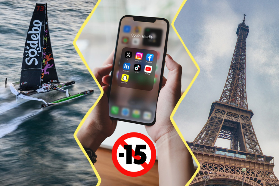 Image faite de trois photos. À gauche : le voilier de Thomas Coville. Au centre : une main d'enfant tenant un téléphone et un signe interdit aux moins de 15 ans. À droite : la Tour Eiffel.